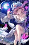  1girl blue_butterfly breasts bug butterfly butterfly_on_hand cherry_blossoms cleavage frills fujiwara_aoi full_moon glowing_butterfly hat japanese_clothes mob_cap moon night night_sky pink_eyes pink_hair saigyouji_yuyuko short_hair sky solo touhou tree triangular_headpiece white_butterfly 