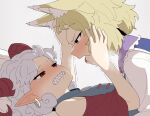  2girls animal_ears blonde_hair blue_dress blue_tabard blush breath commentary_request curly_hair detached_sleeves dress earrings eye_contact finger_in_another's_mouth fox_ears grey_background grey_hair highres horns jewelry kapuri_(capuriwa) looking_at_another missing_headwear multiple_girls pointy_ears red_eyes red_horns red_sleeves sharp_teeth sheep_horns short_hair simple_background tabard tearing_up teeth touhou toutetsu_yuuma trembling yakumo_ran yuri 