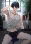  1boy abs arm_behind_head armpits black_hair black_shorts blue_eyes bottle cafe chain coffee_maker coffee_mug commission cup dog_tags gold_chain half-closed_eyes highres indie_virtual_youtuber indoors jae_(vtuber) kitchen lens_flare light_rays male_focus manly morning mug muscular muscular_male navel on_stool plant potted_plant short_hair shorts sitting sleepy solo sonomi squeans stool tank_top virtual_youtuber waking_up white_tank_top window 