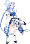  1girl absurdly_long_hair black_bridal_gauntlets black_socks blue_archive blue_bow blue_bowtie blue_hair blue_halo blue_sandals blue_trim blush bow bowtie braid braided_twintails bridal_gauntlets chise_(blue_archive) closed_mouth detached_sleeves expressionless flower full_body game_asset grenade_launcher gun hair_flower hair_ornament halo high_heels highres holding holding_gun holding_weapon horns hwansang japanese_clothes kimono large_variant_set layered_legwear long_hair long_sleeves looking_at_viewer milkor_mgl obi official_art pink_eyes pink_horns platform_sandals sailor_collar sandals sash short_kimono sidelocks simple_background skin-covered_horns sleeveless sleeveless_kimono socks solo standing tabi tachi-e tassel third-party_source transparent_background twintails variant_set very_long_hair weapon white_flower white_kimono white_sailor_collar white_sleeves white_socks wide_sleeves 