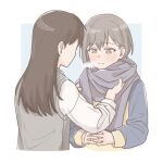  2girls bang_dream! bang_dream!_it's_mygo!!!!! blue_hoodie blush breath brown_hair closed_mouth commentary_request grey_hair grey_scarf grey_sweater_vest highres hood hoodie long_hair multiple_girls own_hands_together pink_eyes ricemilk_ouob scarf shiina_taki shirt sweater_vest takamatsu_tomori two-tone_hoodie white_shirt yellow_hoodie 