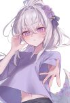  0219_142 1girl alternate_costume alternate_hairstyle angel_wings azusa_(blue_archive) blue_archive blush bow flower hair_bow hair_flower hair_ornament highres navel ponytail purple_eyes shirt simple_background t-shirt white_background white_hair wing_ornament wings 