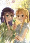  2girls absurdres ahoge black_hair blonde_hair blue_shirt breasts brown_eyes cardigan cho_kaguya-hime! chromatic_aberration clenched_teeth clover commentary_request dappled_sunlight day four-leaf_clover green_cardigan green_eyes highres jingulbi kaguya_(cho_kaguya-hime!) long_hair looking_at_viewer medium_breasts medium_hair mole mole_under_eye multiple_girls nail_polish open_cardigan open_clothes open_mouth orange_nails outdoors pink_nails sakayori_iroha shirt sunlight teeth 