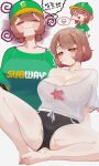  1girl absurdres apron black_shorts blush breasts bright_pupils brown_eyes brown_hair cleavage commentary_request dolphin_shorts double_biub employee_uniform exhausted gloom_(expression) green_apron green_hat green_shirt hat highres korean_commentary large_breasts multiple_views original panties park-hello_(double_biub) shirt short_hair shorts sitting speech_bubble spoken_skull spread_legs standing striped_clothes striped_panties subway_(company) thought_bubble underwear upshorts white_shirt 