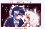  2boys :d akinashi_haru art_program_in_frame black_hair black_jacket bleeding blonde_hair blood blood_on_clothes blood_on_face blood_on_neck blue_bow blue_bowtie blue_eyes blue_hairband blush border bow bowtie collared_shirt commentary double-parted_bangs english_commentary from_side hair_between_eyes hair_bow hairband heart jacket looking_at_another medium_hair multiple_boys necktie open_clothes open_jacket outline parted_bangs red_background red_border red_eyes red_necktie saihate_eki screenshot shirt short_hair sidelocks smile sparkle sparkling_eyes strawpage_(medium) tatsunami_shion tosteurmori upper_body white_border white_outline white_shirt 