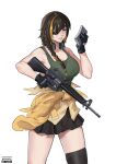  assault_rifle black_gloves black_skirt black_thighhighs blunt_bangs braid breasts brown_eyes brown_hair commentary commission english_commentary eyepatch franzailian5 girls'_frontline gloves green_tank_top griffin_&amp;_kryuger_logo gun headset highres holding holding_magazine_(weapon) holding_weapon large_breasts long_hair looking_at_another m16 m16a1 m16a1_(girls'_frontline) magazine_(weapon) mole mole_under_eye multicolored_hair muscular rifle scar scar_across_eye scar_on_face shirt simple_background skirt sleeveless solo tank_top thighhighs weapon yellow_shirt 