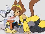 2026 all_fours anthro belt blep blue_eyes blush breasts brown_body brown_hair clothing cybernetic_arm cybernetic_limb domestic_cat duo ear_piercing ear_ring eyebrows eyelashes eyewear eyewear_on_head felid feline felis female gameoverse glitch_productions goggles goggles_on_head hair head_tuft kit_(gameoverse) lilkon lombax lying magenta_eyes mammal on_back piercing ratchet_and_clank ring_piercing rivet_(ratchet_and_clank) scarf sony_corporation sony_interactive_entertainment striped_body stripes tongue tongue_out tuft whiskers white_body yellow_sclera