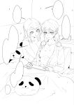  2girls absurdres bang_dream! bang_dream!_it's_mygo!!!!! blank_speech_bubble blush breasts chinese_commentary cleavage collarbone commentary_request doki_(oox3o) greyscale hair_between_eyes hickey highres holding holding_tablet_pc large_breasts medium_breasts monochrome multiple_girls no_bra open_clothes open_mouth open_shirt shiina_taki speech_bubble tablet_pc yahata_umiri yuri 