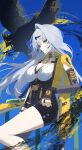  1girl absurdres asymmetrical_gloves bird black_bird black_gloves black_unitard blue_background breasts commentary_request elbow_gloves fingerless_gloves gloves grey_hair hair_between_eyes hair_ornament hairpin highres hiyayakko_(jfky2528) jacket large_breasts long_hair looking_at_viewer mole mole_on_breast open_mouth qingming_bird_(zenless_zone_zero) single_elbow_glove single_hair_intake solo uneven_gloves yellow_eyes yellow_jacket yixuan_(zenless_zone_zero) zenless_zone_zero 