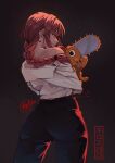 1girl 1other 2026 absurdres animal artist_name black_pants braid chainsaw chainsaw_man commentary dark_background dated english_commentary from_behind highres holding holding_animal kiros_temple looking_back makima_(chainsaw_man) medium_hair off_shoulder orange_eyes pants pochita_(chainsaw_man) profile red_hair shirt sidelocks signature simple_background solo_focus tongue tongue_out white_shirt 