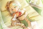  1girl absurdres ananteolas ascot breasts cecilia_immergreen cecilia_immergreen_(1st_costume) corset cup detached_collar doll_joints gradient_hair green_corset green_eyes green_hair hair_between_eyes highres hololive hololive_english joints looking_at_viewer lying multicolored_hair on_back on_bed otomo_(cecilia_immergreen) pillow red_ascot romper small_breasts table tea teacup virtual_youtuber white_hair white_romper winding_key 