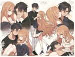  1boy 1girl black_cardigan black_hair black_shirt black_shoes blue_eyes blue_nails bracelet braid breasts brown_hair cardigan carrying carrying_person cleavage closed_eyes collarbone collared_shirt commission dress earrings finger_kiss frilled_dress frills grey_pants hair_ornament hetero indie_virtual_youtuber jewelry kiss kissing_cheek lap_pillow long_hair looking_at_viewer lucienne_(vtuber) medium_breasts multiple_views necklace nihellie off_shoulder pants ring shirt shoes short_hair sleeveless sleeveless_dress spaghetti_strap t-shirt very_long_hair virtual_youtuber white_dress yellow_eyes 
