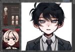  2boys akinashi_haru art_program_in_frame black_hair black_jacket black_necktie clip_studio_paint collared_shirt commentary double-parted_bangs empty_eyes english_commentary grey_eyes hair_between_eyes jacket lanyard multiple_boys multiple_views necktie open_clothes open_jacket open_mouth saihate_eki shirt short_hair sidelocks simple_background solo_focus suit_jacket sweat tatsunami_shion tosteurmori wavy_mouth white_background white_shirt 