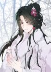  1girl absurdres bird black_hair chinese_clothes commentary_request flower hair_flower hair_ornament hand_up highres illusion_moon jichuan_(path_to_nowhere) korean_commentary long_hair long_sleeves looking_down outdoors path_to_nowhere snow solo upper_body 