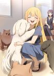  2girls absurdres ahoge black_dress black_hair blonde_hair blue_shirt blue_skirt blush bracelet cho_kaguya-hime! closed_eyes commentary_request dog dress fang highres jewelry jingulbi kaguya_(cho_kaguya-hime!) long_hair medium_hair mole mole_under_eye multiple_girls nail_polish open_mouth pinafore_dress red_nails sakayori_iroha shirt short_sleeves skirt sleeveless sleeveless_dress smile teeth toenail_polish toenails upper_teeth_only white_shirt 