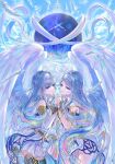  2girls angel_wings blue_eyes blue_sky cloud dress falling_feathers feathers feena_(ys) floating_hair grey_hair highres holding_hands long_hair multiple_girls official_artist_extra orb reah_(ys) sky taue_shunsuke tower very_long_hair white_dress white_feathers wings ys ys_origin 