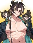  1boy abs arknights bara black_pantyhose black_shirt chibi chibi_inset chinese_commentary chongyue_(arknights) commentary_request dragon_boy dragon_horns dragon_tail full_body highres horns jacket looking_at_viewer male_focus multicolored_hair multiple_views muscular muscular_male navel nipples one_eye_closed open_mouth pants pantyhose pectorals pointy_ears ponytail q20798_yingz shirt tail upper_body white_jacket white_pants 