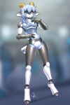 android andromorph anthro blue_eyes blue_hair blush bovid caprine genitals goat hair hi_res intersex kara_(trippledot) machine mammal nariikhan nude robot robot_anthro solo translucent translucent_body vulva