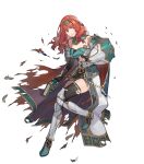  1girl armor armored_boots bangs bare_shoulders belt boots breastplate cape celica_(fire_emblem) dress earrings elbow_gloves fingerless_gloves fire_emblem fire_emblem_echoes:_shadows_of_valentia fire_emblem_heroes full_body gloves gold_trim hairband highres jewelry long_hair non-web_source noy official_art overskirt red_eyes red_hair shiny shiny_hair skirt thighhighs transparent_background zettai_ryouiki 