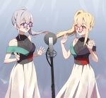  2girls absurdres blonde_hair blush brown_eyes cho_kaguya-hime! colored_inner_hair commentary_request grey_hair highres jingulbi kaguya_(cho_kaguya-hime!) long_hair microphone multicolored_hair multiple_girls nail_polish novelty_glasses open_mouth pink_hair purple_nails red_nails runami_yachiyo side_ponytail sidelocks the_first_take 