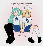  2girls absurdres aqua_eyes aqua_hair black_thighhighs blonde_hair blue_ribbon blue_skirt chocacherry collared_shirt commentary doki_doki_yuri_gakuen english_commentary english_text grey_background hatsune_miku highres holding_hands kagamine_rin kneehighs long_hair multiple_girls neck_ribbon pleated_skirt ribbon school_uniform shirt short_hair simple_background skirt socks thighhighs twintails vocaloid white_shirt white_socks yuri 