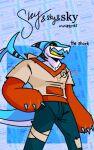 2023 anthro aquatic artist_name black_sclera blue_body bottomwear bus clothed clothed_anthro clothed_male clothing commercial_vehicle countershade_face countershade_neck countershade_tail countershade_torso countershading digital_drawing_(artwork) digital_media_(artwork) english_text fin fish fish_tail front_view fully_clothed fully_clothed_anthro fully_clothed_male gills head_fin hi_res hoodie looking_at_viewer male markings neck_gills open_mouth open_smile orange_clothing orange_hoodie orange_topwear pants portrait red_stripes screentone shark sky_k.i._(character) skykdotidot smile solo striped_fin striped_markings striped_tail stripes tail tail_markings tan_clothing tan_hoodie tan_topwear teal_bottomwear teal_clothing teal_pants text three-quarter_portrait ticket tongue tongue_showing topwear vehicle white_body white_countershading yellow_eyes yellow_tongue