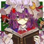  >_< 3girls absurdres bespectacled black_gloves black_skirt black_vest blonde_hair blue_bow book bow bowtie chibi chibi_inset commentary crescent crescent_hat_ornament demon_wings glasses gloves hair_bow hat hat_ornament head_wings highres holding holding_book illtenji kirisame_marisa koakuma long_hair long_sleeves mob_cap multiple_girls open_book open_mouth patchouli_knowledge pink_hat pink_nails purple_eyes purple_hair reading red_bow red_bowtie red_hair semi-rimless_eyewear skirt skirt_set solo_focus touhou under-rim_eyewear upper_body very_long_hair vest wings witch_hat yellow-framed_eyewear yellow_eyes 