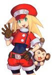  &gt;_&lt; 1girl antennae belt blonde_hair bodysuit bodysuit_under_clothes brown_gloves cabbie_hat covered_navel cowboy_shot data_(mega_man) gloves green_eyes hand_on_hip hat hungry_clicker long_hair looking_at_viewer mega_man_(series) mega_man_legends monkey navel non-humanoid_robot open_mouth red_headwear robot robot_animal roll_caskett_(mega_man) short_sleeves shorts smile spiked_hair waving white_background 