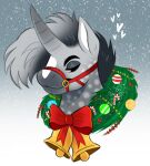  bell black_eyebrows black_mane bow_ribbon christmas_decorations equid equine eyebrows fur grey_body grey_ears grey_fur grey_horn grey_mane headshot_portrait hi_res horn looking_aside male mammal mane narrowed_eyes portrait princelykaden red_muzzle snow snowing solo spots spotted_neck unicorn white_inner_ear white_spots 