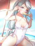  1girl asymmetrical_bangs bangs beach breasts casual_one-piece_swimsuit covered_navel flower food grey_hair hair_flower hair_ornament hairband highleg highleg_swimsuit highres kantai_collection long_hair low-tied_long_hair no_count_0000 one-piece_swimsuit popsicle purple_eyes sagiri_(kancolle) side-tie_swimsuit sitting small_breasts solo swept_bangs swimsuit wariza white_swimsuit 