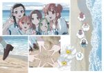  22/7 5girls :d ;) absurdres ahoge ankle_socks aqua_eyes aqua_hair beach black_hair blue_bow blue_bowtie blue_hairband bow bowtie brown_eyes brown_hair brown_shoes clam_shell closed_mouth curtained_hair dress emblem flower footprints gradient_hair green_eyes green_hair grey_eyes grey_hair hair_between_eyes hair_bow hair_ornament hairband hairclip highres himuro_mizuki horiguchi_yukiko kiryu_touko loafers long_hair looking_at_viewer multicolored_hair multiple_girls multiple_views nishiura_sora ocean official_alternate_costume official_alternate_hairstyle official_art one_eye_closed open_mouth orange_hair orihara_sumika outdoors parted_bangs pink_bow pink_hair sailor_collar sailor_dress sand_writing sera_honoka shoes short_hair short_sleeves smile socks star_hands streaked_hair two-tone_hair two_side_up upper_body white_bow white_dress white_flower white_sailor_collar white_socks 