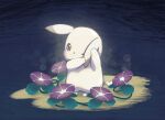  commentary_request dark_background dzukeg0han flower full_body morning_glory no_humans one_eye_closed peakychu pikachu pokemon pokemon_(creature) pokemon_focus pokemon_pokopia standing 