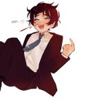  1boy :d akinashi_haru akinatsu_fan black_hair black_jacket black_pants black_shoes black_socks blood blue_eyes blue_necktie blush breast_pocket collared_shirt commentary dress_shirt english_commentary english_text feet_out_of_frame highres jacket male_focus necktie nosebleed open_clothes open_jacket open_mouth pants parted_bangs pocket saihate_eki shirt shoes short_hair sidelocks simple_background smile socks solo suit_jacket suit_pants sweat teeth upper_teeth_only white_background 