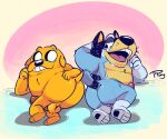  adventure_time anthro balls bandit_heeler bluey_(series) butt canid canine canis cartoon_network domestic_dog duo erection father fur genitals hi_res jake_the_dog male mammal nude parent paws penis presenting side_by_side smile teeth topony 