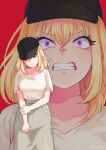  1girl angry bang_dream! bang_dream!_it's_mygo!!!!! baseball_cap blonde_hair breasts bulkobon hat highres long_skirt looking_at_viewer medium_breasts medium_hair misumi_uika purple_eyes red_background shirt skirt solo white_shirt 