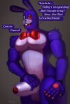  2022 absurd_res animatronic anthro big_penis bonnie_(fnaf) bow_tie bow_tie_only buckteeth dialogue digital_media_(artwork) english_text five_nights_at_freddy&#039;s foreskin fur genitals grey_background hi_res humanoid_genitalia humanoid_penis kopk lagomorph leporid machine male mammal mostly_nude muscular muscular_anthro muscular_male open_mouth open_smile penis rabbit red_eyes robot scottgames simple_background smile solo speech_bubble talking_to_viewer teeth text thick_penis thick_thighs tongue video_games wide_hips 