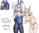  2girls :p :t absurdres animal_ear_fluff animal_ears bikini black_pantyhose blue_eyes blush breasts cat_ears cat_girl cleavage collarbone commentary curled_ends english_commentary english_text fake_animal_ears fake_tail grabbing_another's_ass grey_hair groping head_wings highleg highleg_leotard highres large_breasts leaning_forward leotard long_hair medium_breasts medium_hair melia_antiqua multiple_girls navel nia_(xenoblade) one_eye_closed pantyhose playboy_bunny pout rabbit_ears rabbit_tail simple_background strapless strapless_leotard succducc888 swimsuit tail tongue tongue_out twitter_strip_game v very_long_hair white_background wings xenoblade_chronicles_(series) xenoblade_chronicles_3 yellow_bikini yellow_eyes yuri 