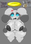 ableist_slur areola big_breasts blue_eyes breasts chao_(sonic) cross-popping_vein english_text female genitals genki_diama halo hero_chao hi_res huge_breasts huge_hips huge_thighs humanoid latluxlula looking_at_viewer monochrome nipples nude open_mouth question_mark sega slur solo sonic_the_hedgehog_(series) text thick_thighs vulva wide_hips
