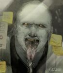  1boy absurdres bags_under_eyes black_sclera colored_sclera colored_skin colored_teeth cracked_skin drooling english_text forked_tongue geistwinder grey_skin highres looking_at_viewer male_focus open_mouth orange_eyes portrait realistic reflection reflection_focus resident_evil resident_evil_requiem saliva saliva_trail solo sticky_note tongue tongue_out victor_gideon yellow_teeth 