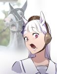  1girl animal_ears bangs blunt_bangs bow brown_headwear creature_and_personification ear_bow empty_eyes gold_ship_(racehorse) gold_ship_(umamusume) grey_hair highres horse horse_ears horse_girl long_hair photo-referenced pillbox_hat purple_bow purple_eyes purple_shirt real_life rumiko_(sabakuuneko) school_uniform serafuku shirt tracen_school_uniform umamusume upper_body 