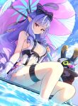  1girl absurdres bangboo_(zenless_zone_zero) bare_shoulders blue_gem bow bowtie breasts clothing_cutout commentary drill_hair drill_sidelocks frilled_one-piece_swimsuit frilled_wrist_cuffs frills gem geomdaeng hair_bow highres holding holding_tray holding_umbrella long_hair looking_at_viewer medium_breasts multicolored_umbrella official_alternate_costume one-piece_swimsuit pink_umbrella pointy_ears purple_bow purple_bowtie purple_hair red_eyes robin_(zenless_zone_zero) sideboob_cutout sidelocks sitting stomach_cutout swimsuit tray two-tone_one-piece_swimsuit umbrella vivian_banshee vivian_banshee_(iris_of_the_shore) water wet white_one-piece_swimsuit wrist_cuffs zenless_zone_zero 