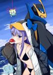  1girl absurdres animal_hood artist_name bikini black_bikini blue_choker blue_eyes bow breasts choker commentary_request con_(fate) day dive_ball eiscue empoleon fate/grand_order fate_(series) hair_bow highres hood jacket jmmo303 long_hair meltryllis_(fate) meltryllis_(swimsuit_lancer)_(fate) meltryllis_(swimsuit_lancer)_(first_ascension)_(fate) navel outdoors penguin_hood poke_ball pokemon pokemon_(creature) purple_hair small_breasts sweatdrop swimsuit water 