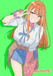  1girl blue_ribbon breasts commentary_request gakuen_idolmaster green_eyes hatsuboshi_gakuen_school_uniform highres idolmaster large_breasts long_hair looking_at_viewer mole mole_under_eye nanafumi_(nanafumino) orange_hair ribbon school_uniform shirt shiun_sumika skirt smile solo v white_shirt 