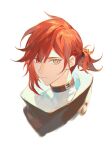  1boy alannoran asymmetrical_hair choker closed_mouth downblouse glint green_eyes hair_over_one_eye high_collar looking_at_viewer male_focus original ponytail portrait red_hair simple_background single_sidelock solo turtleneck white_background 