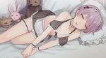  1boy apron armpits bare_shoulders bikini bikini_ribbon black_choker black_panties black_ribbon black_skirt black_wrist_cuffs bra choker commentary_request crossdressing crossdressing_(mtf) cupless_bra dot_nose feet_out_of_frame frilled_apron frilled_bikini frilled_choker frilled_pillow frilled_skirt frilled_sleeves frilled_thigh_strap frilled_wrist_cuffs frills head_on_pillow highres indoors looking_at_viewer lower_teeth_only lying maid maid_bikini maid_headdress male_focus male_maid navel nipples on_bed on_side open_mouth orange_eyes original own_hands_together panties partial_commentary pillow puffy_short_sleeves puffy_sleeves purple_hair purple_hair_boy_(sunaba_(nczd5875)) ribbon see-through_clothes see-through_skirt see-through_sleeves short_hair short_sleeves skirt smile solo stuffed_animal stuffed_cat stuffed_rabbit stuffed_toy sunaba_(nczd5875) swimsuit teddy_bear teeth thigh_strap thighs two-tone_wrist_cuffs unconventional_maid underwear white_apron white_bikini white_choker white_headdress white_wrist_cuffs wrist_cuffs 