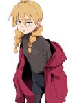  1girl ahoge blonde_hair bluearcadegames braid coat coat_partially_removed cowboy_shot gabu_(yomi_no_tsugai) highres hood hooded_coat hoodie long_hair looking_at_viewer purple_eyes red_coat red_hoodie solo standing twin_braids white_background yomi_no_tsugai 