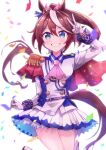  1girl animal_ears ascot blue_eyes blush breasts brown_hair buttons cape commentary_request confetti double-breasted epaulettes gloves grin hair_between_eyes highres horse_ears horse_girl horse_tail jacket long_hair long_sleeves looking_at_viewer multicolored_hair multicolored_jacket open_mouth partial_commentary pink_ascot ponytail red_cape single_epaulette single_hair_streak skirt small_breasts smile solo sorako_(trombone-sora) streaked_hair tail teeth tokai_teio_(peak_joy)_(umamusume) tokai_teio_(umamusume) two-tone_hair two-tone_jacket two-tone_skirt umamusume white_gloves white_hair white_jacket white_skirt white_streaks 