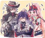  +++ 1girl 2boys ahoge alternate_hairstyle armor ashveil_(honkai:_star_rail) asymmetrical_gloves bandana belt black_armor black_gloves black_hair black_hat black_jacket black_pants black_shirt black_shorts blush boothill_(honkai:_star_rail) border bracelet braid brown_belt brushing_another's_hair brushing_hair bullet_earrings chain closed_eyes closed_mouth clothes_writing commentary_request covered_collarbone cowboy_hat cowboy_shot crescent crescent_pin crop_top crossed_arms cyborg earrings eyelashes fake_horns fingerless_gloves fishnets furuseki gloves gold_bracelet gradient_hair green_eyes grey_armor grey_eyes gun gun_sling hair_brush hair_over_one_eye half-closed_eye handgun hands_up hat hat_feather hat_ornament high_ponytail highres holding holding_another's_hair holding_hair_brush honkai:_star_rail honkai_(series) hood hooded_jacket horns jacket jewelry lapels long_hair looking_at_another low-braided_long_hair low-tied_long_hair mechanical_arms mechanical_hands midriff mismatched_gloves missing_headwear multicolored_hair multiple_boys navel necklace open_mouth outside_border pants peaked_cap pink_hair ponytail purple_hair rappa_(honkai:_star_rail) red_bandana red_jacket red_pupils ring shirt short_shorts shorts sidelocks simple_background single_braid smile sparkle squiggle standing sweatdrop tank_top tongue turtleneck turtleneck_shirt two-sided_fabric two-sided_jacket two-tone_armor two-tone_hair upper_body v-shaped_eyebrows very_long_hair wavy_hair weapon white_belt white_border white_gloves white_hair white_jacket white_tank_top yellow_background zipper 