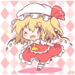  >_o 1girl :d ;d argyle_background blonde_hair blush chibi collared_shirt colored_shadow commentary_request crystal fang flandre_scarlet frilled_shirt frilled_skirt frills full_body hair_between_eyes hat mitarashi_neko mob_cap one_eye_closed one_side_up puffy_short_sleeves puffy_sleeves red_eyes red_shoes red_skirt red_vest shadow shirt shoes short_sleeves skirt smile socks solo standing standing_on_one_leg star_(symbol) touhou vest white_hat white_shirt white_socks wings 