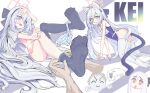 1boy 1girl all_fours animal_ears black_hairband black_thighhighs blue_archive blue_one-piece_swimsuit cat_ears cat_tail commentary_request doodle_sensei_(blue_archive) hair_between_eyes hairband halo highres kei_(blue_archive) kei_(new_body)_(blue_archive) long_hair looking_at_viewer meiruruu old_school_swimsuit one-piece_swimsuit open_clothes open_shirt panties pink_eyes rectangular_halo removing_thighhigh school_swimsuit sensei_(blue_archive) sitting striped_clothes striped_panties swimsuit tail thighhighs underwear white_hair white_thighhighs 